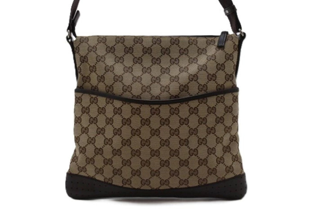 Gucci GG Shoulder Bag Beige Cream Dark Brown Canvas Leather